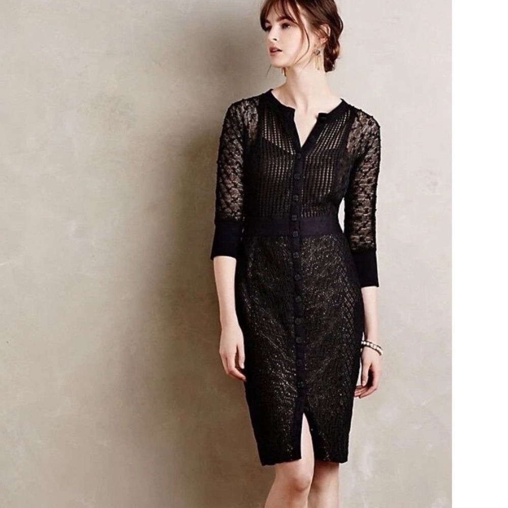 Anthropologie Byron Lars Beguile Mona Black Lace Button Front‎ Dress Lace Size 2 - Picture 3 of 14